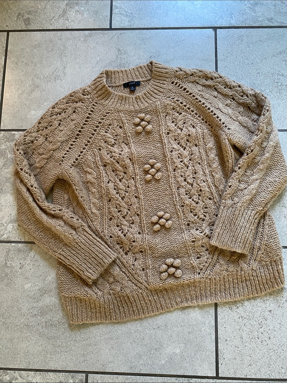 J. Crew Cable-Knit Bobble Crewneck Sweater in Camel